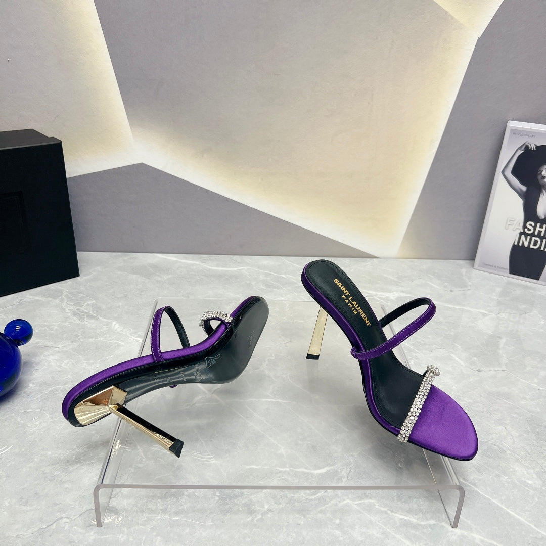 SL CRYSTAL THIN BELT HIGH HEELS VIOLET SATIN - 35