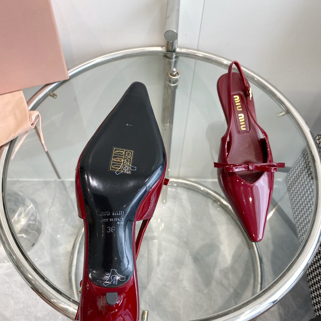 HIGH-SLINGBACK POINTED TOE SANDALS RUBY COWHIDE WITH BOW - 35