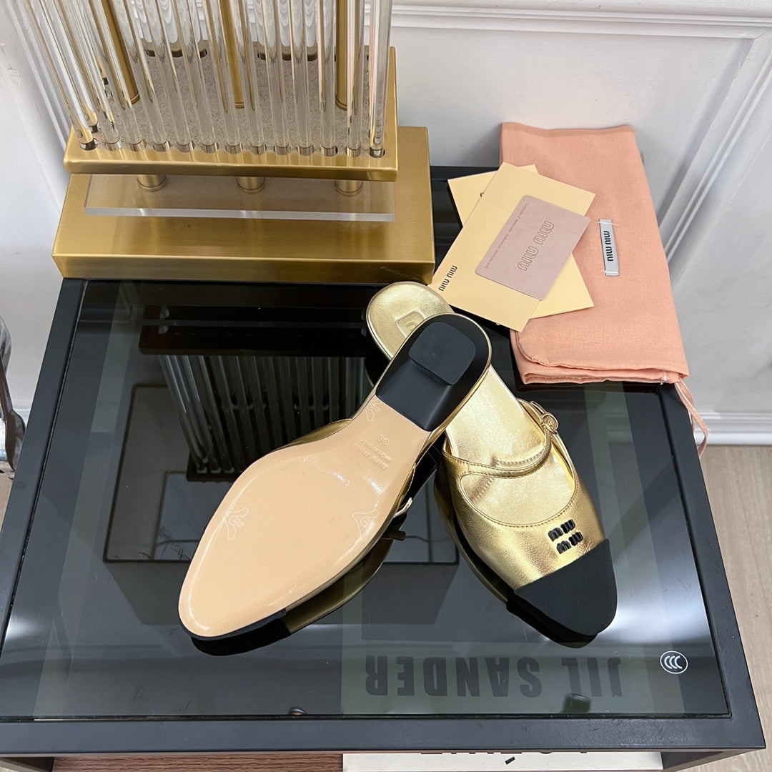Cap Toe Mules Metallic Gold Color Sheepskin - 35