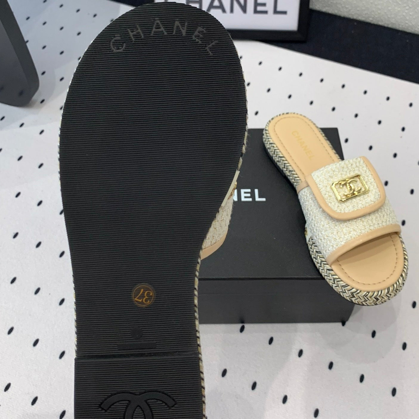 Double CC Women New Trendy Calfskin Slippers Beige Cream - 35