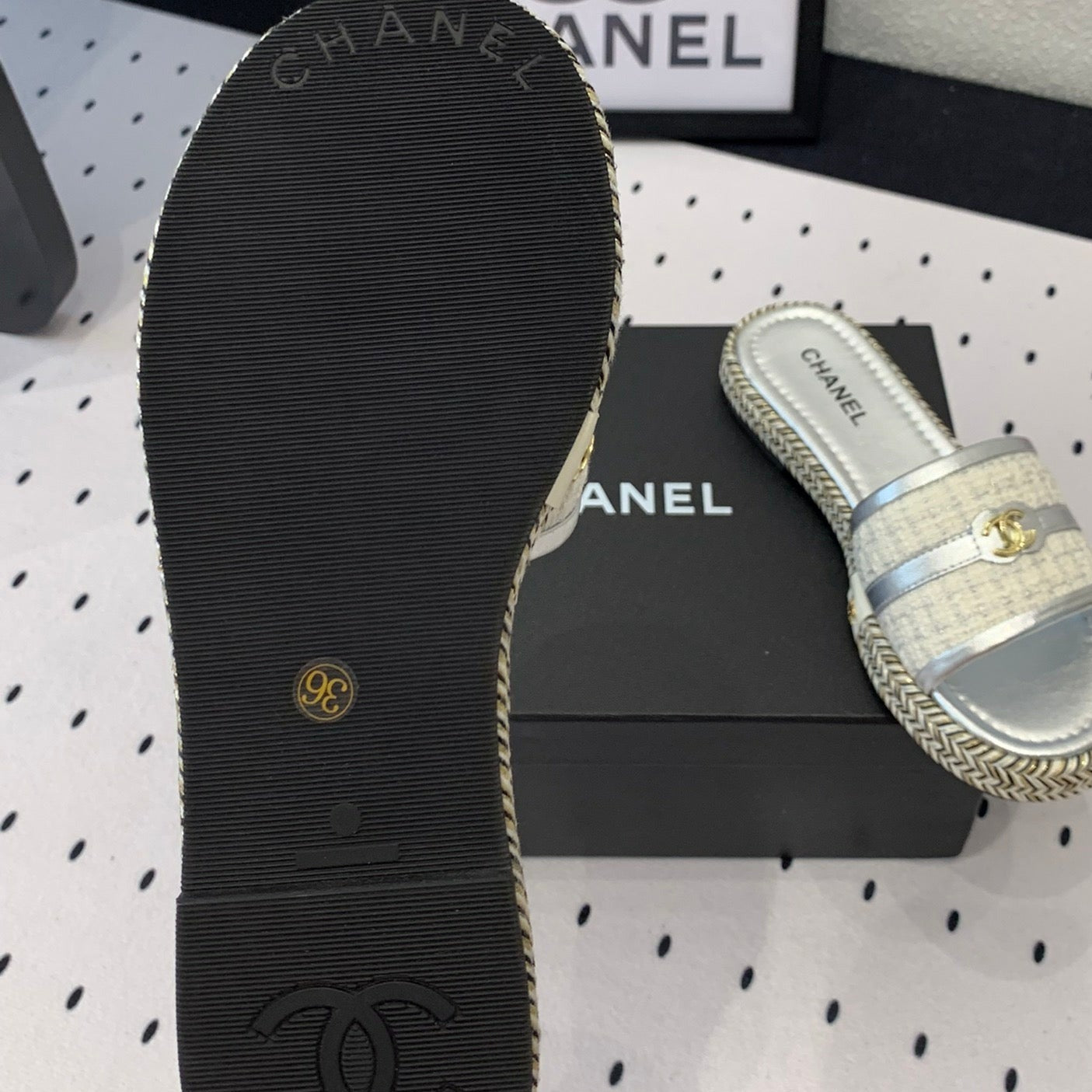 Double CC Women Silver Slippers Calfskin - 35