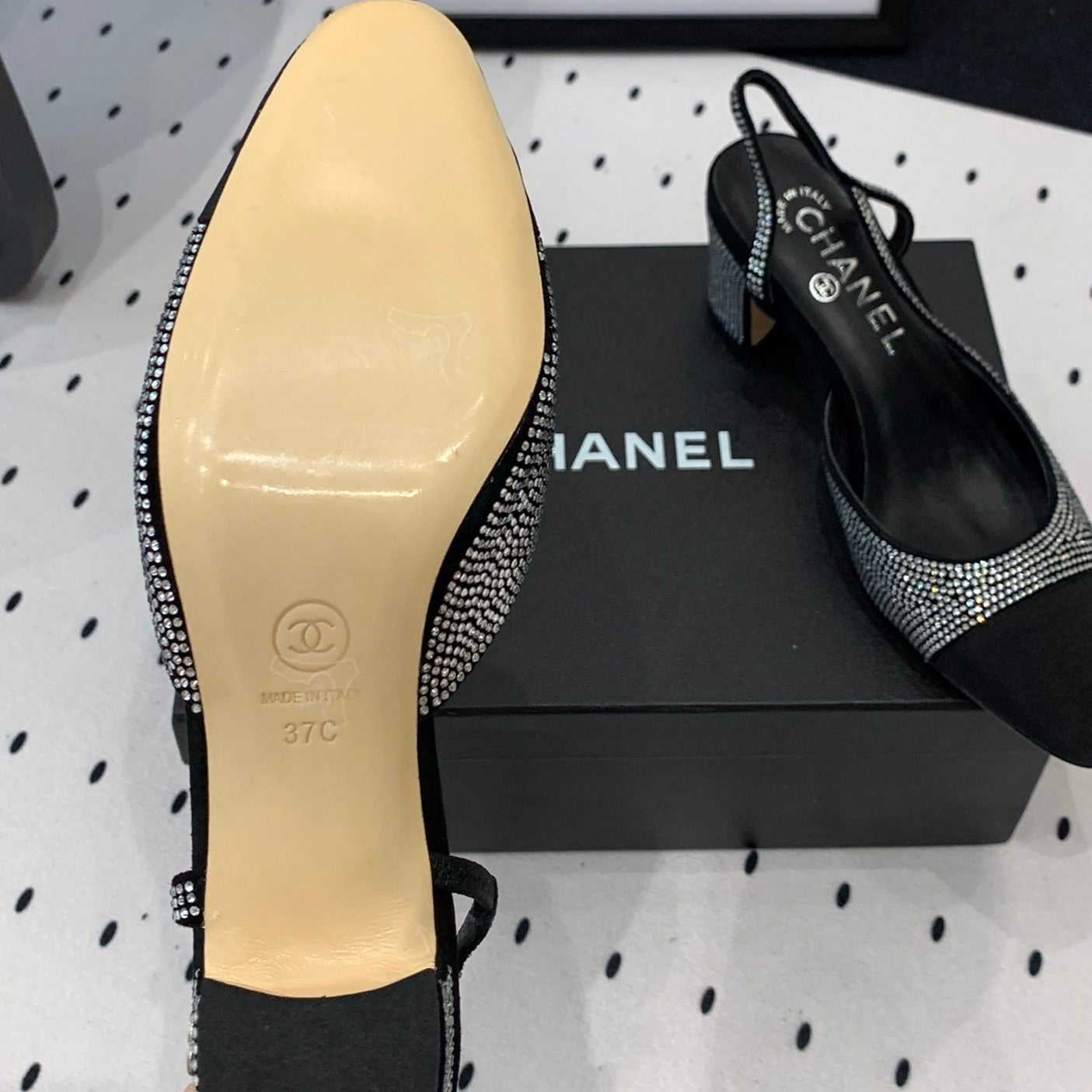 Double CC Rhinestone Slingback Sheepskin Silver Black - 35