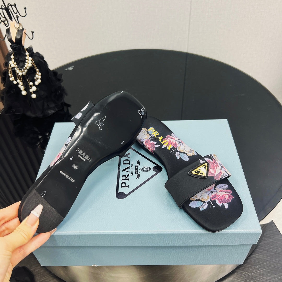 PRA PRINTED SLIDES SLIPPERS BLACK SATIN - 35