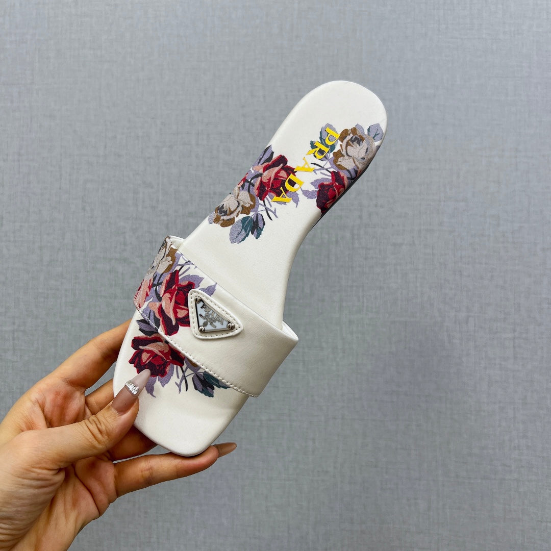 PRA PRINTED SLIDES SLIPPERS WHITE SATIN - 35
