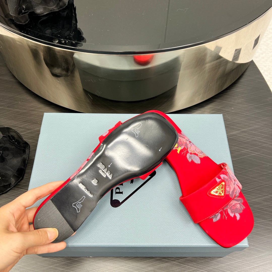 PRA PRINTED SLIDES SLIPPERS RED SATIN - 35