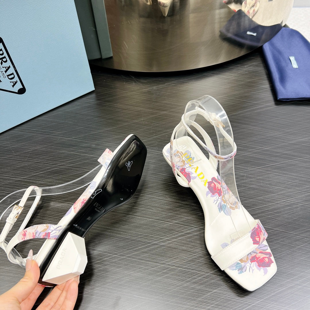 PRA TRIANGLE HEEL FLOWER MOTIF SATIN SANDALS WHITE - 35