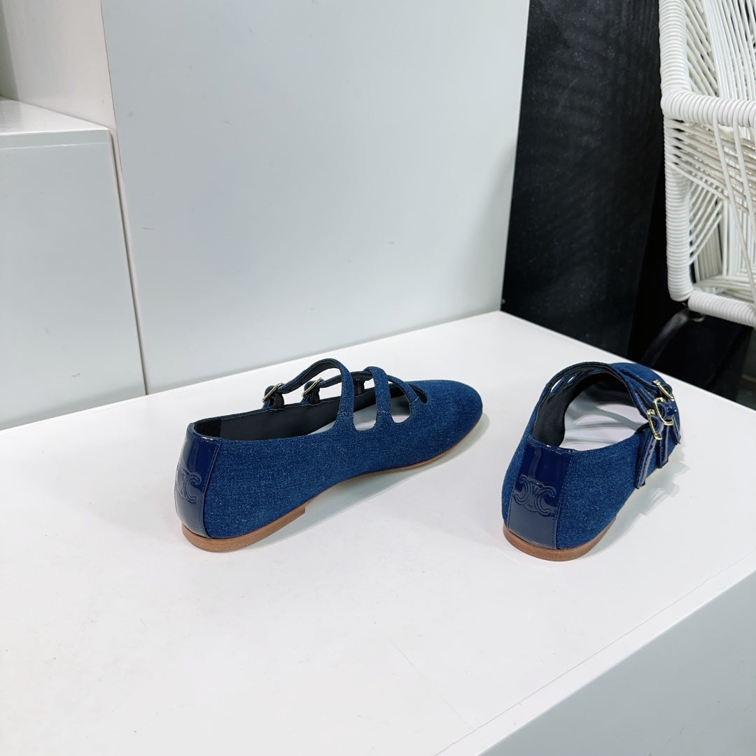 FLAT MARY JANE IN NAVY BLUE FABRIC - 35