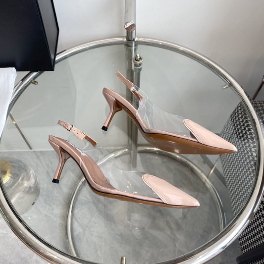 ALAÏA HIGH 6 CM СЛІНГБЕК ЗІ ШКІРИ ТЕЛЯТИ З ЛАКОВИМ ПОКРИТТЯМ БЕЖЕВОГО КОЛЬОРУ ТА ПЛІВКИ – 35
