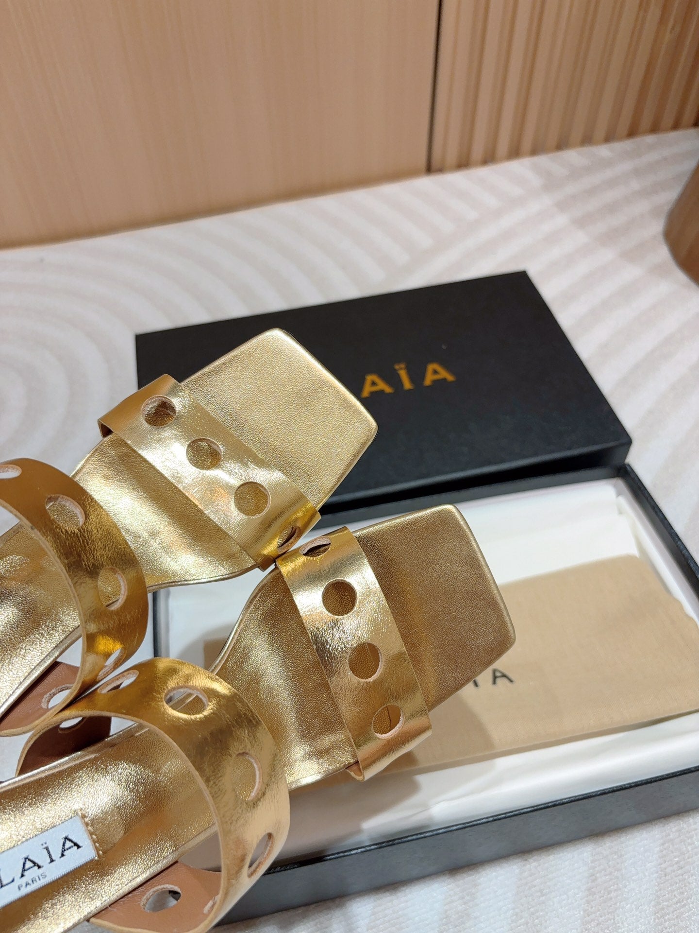 ALAIA TWO-STRAPS HIGH HEEL SANDALS IN GOLDEN PATENT LAMBSKIN - 35