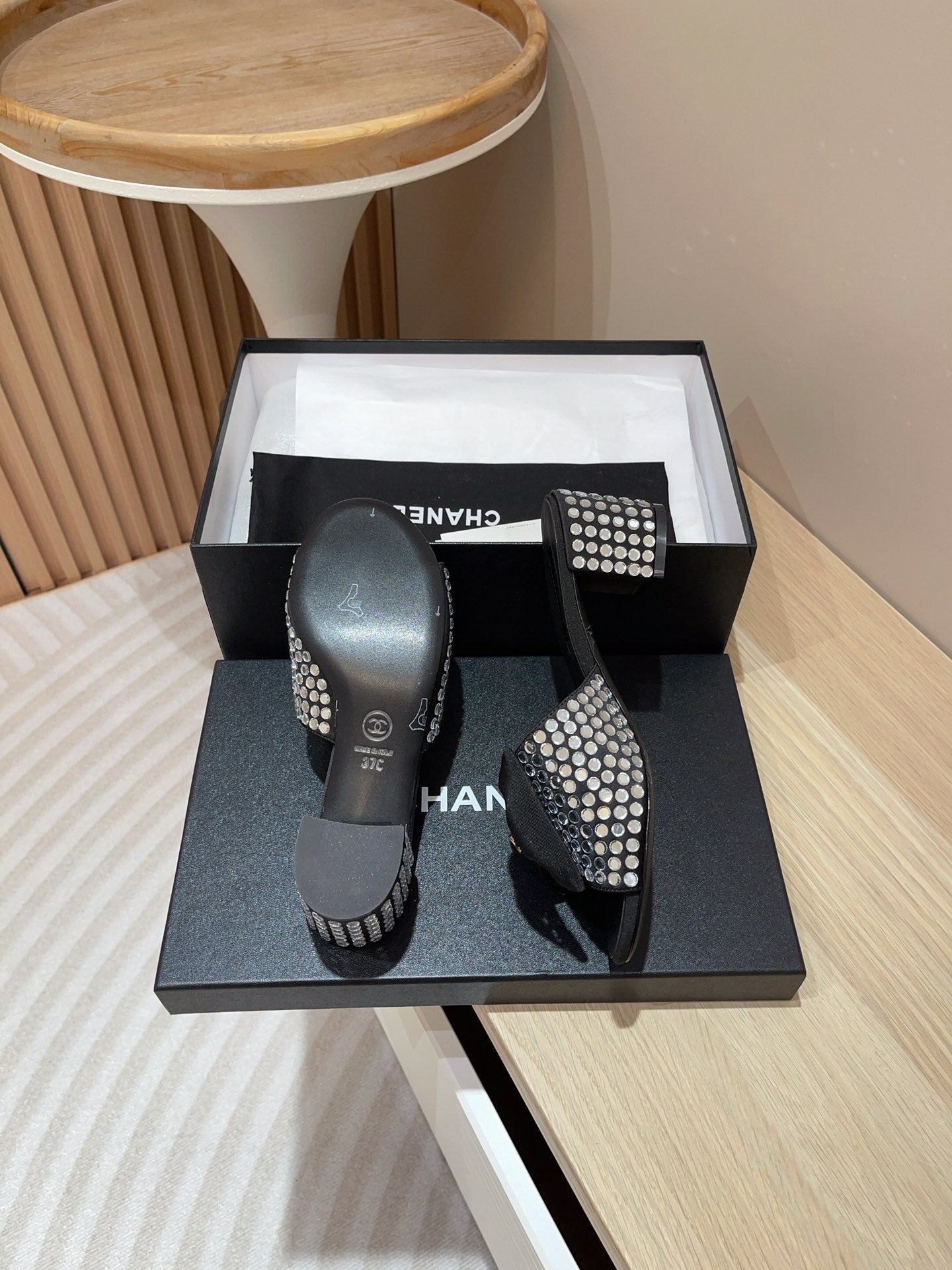 CC HIGH HEEL BLACK SATIN WITH WHITE RHINESTONES - 35