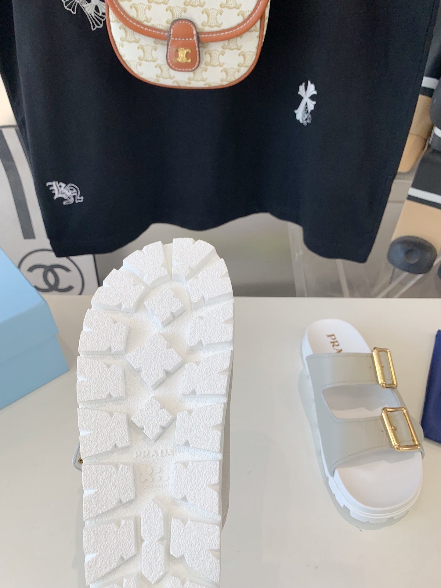 PRA STRAP SLIDES SANDALS WHITE AND LIGHT GRAY SUEDE - 35