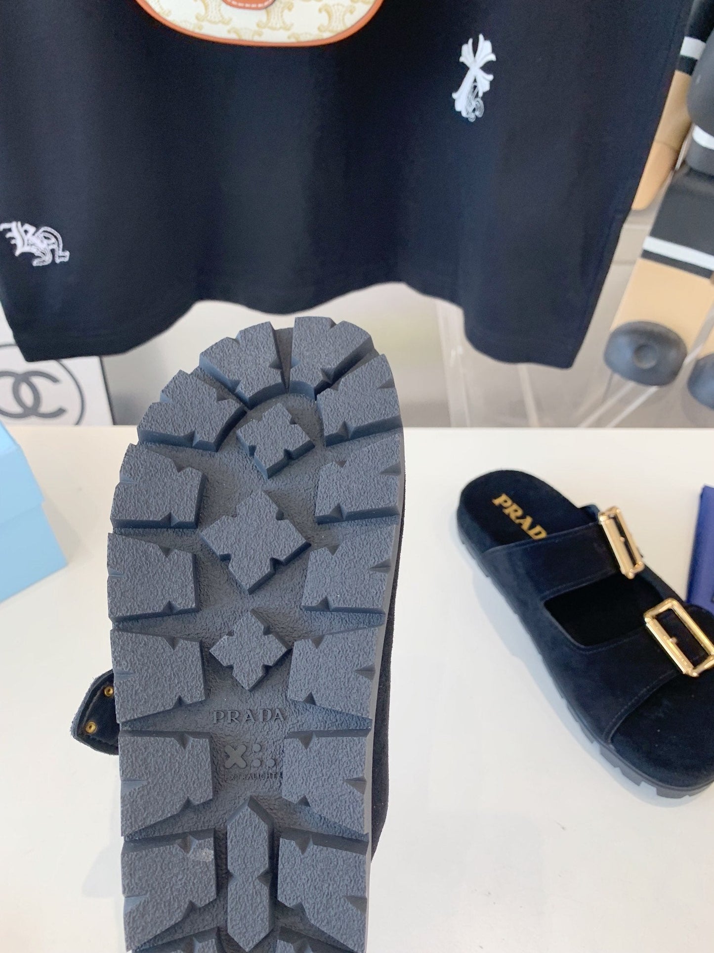 PRA STRAP SLIDES SANDALS BLACK SUEDE - 35