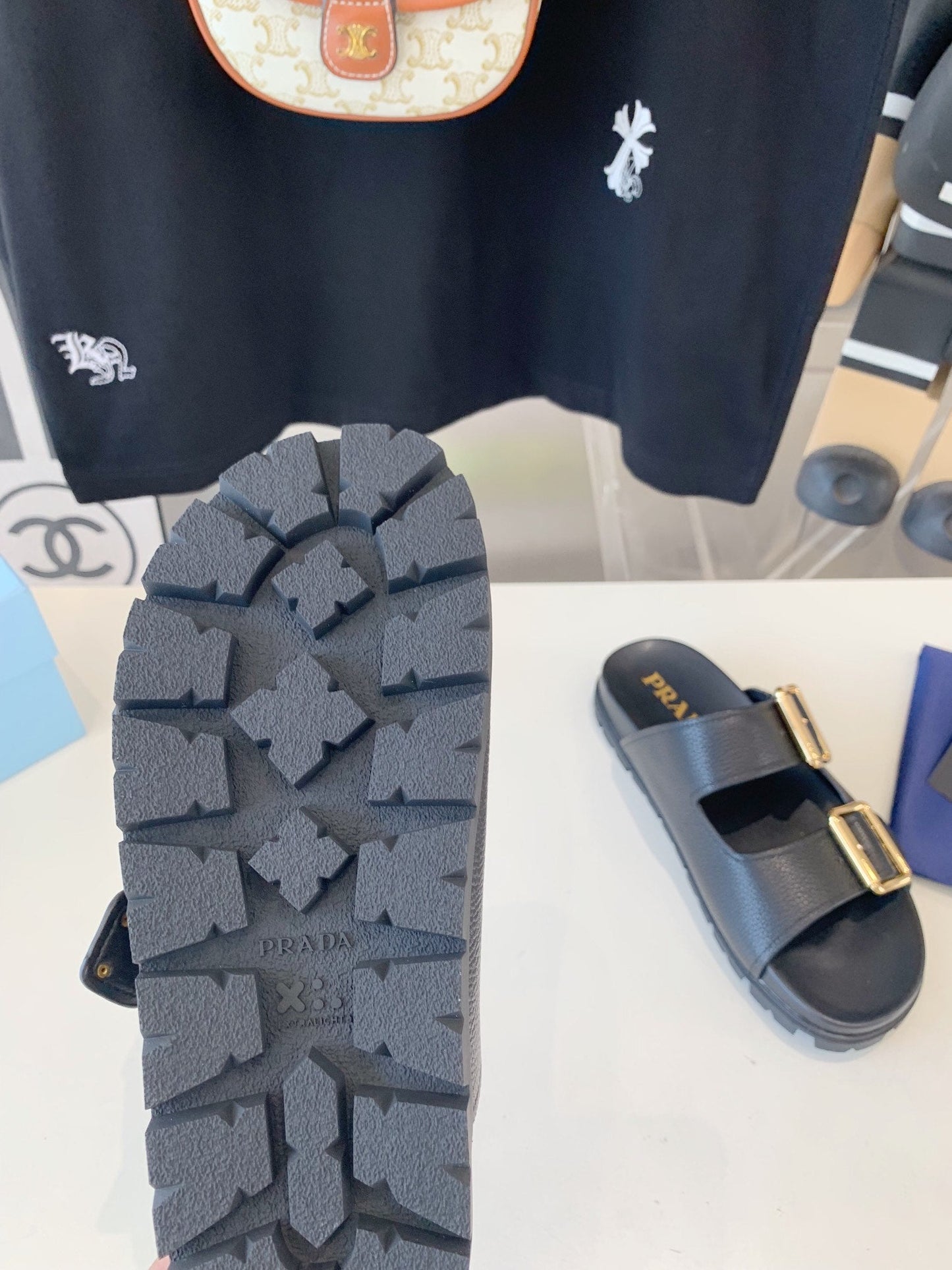 PRA STRAP SLIDES SANDALS BLACK LAMBSKIN - 35