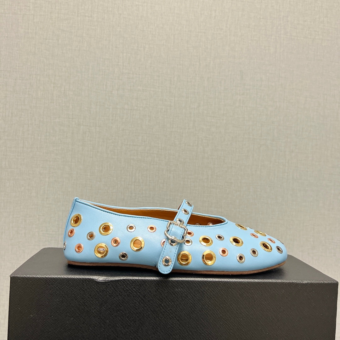 ALAIA MARY JANE SHOES IN LIGHT BLUE LAMBSKIN GOLD MIX SILVER HARDWARE - 35