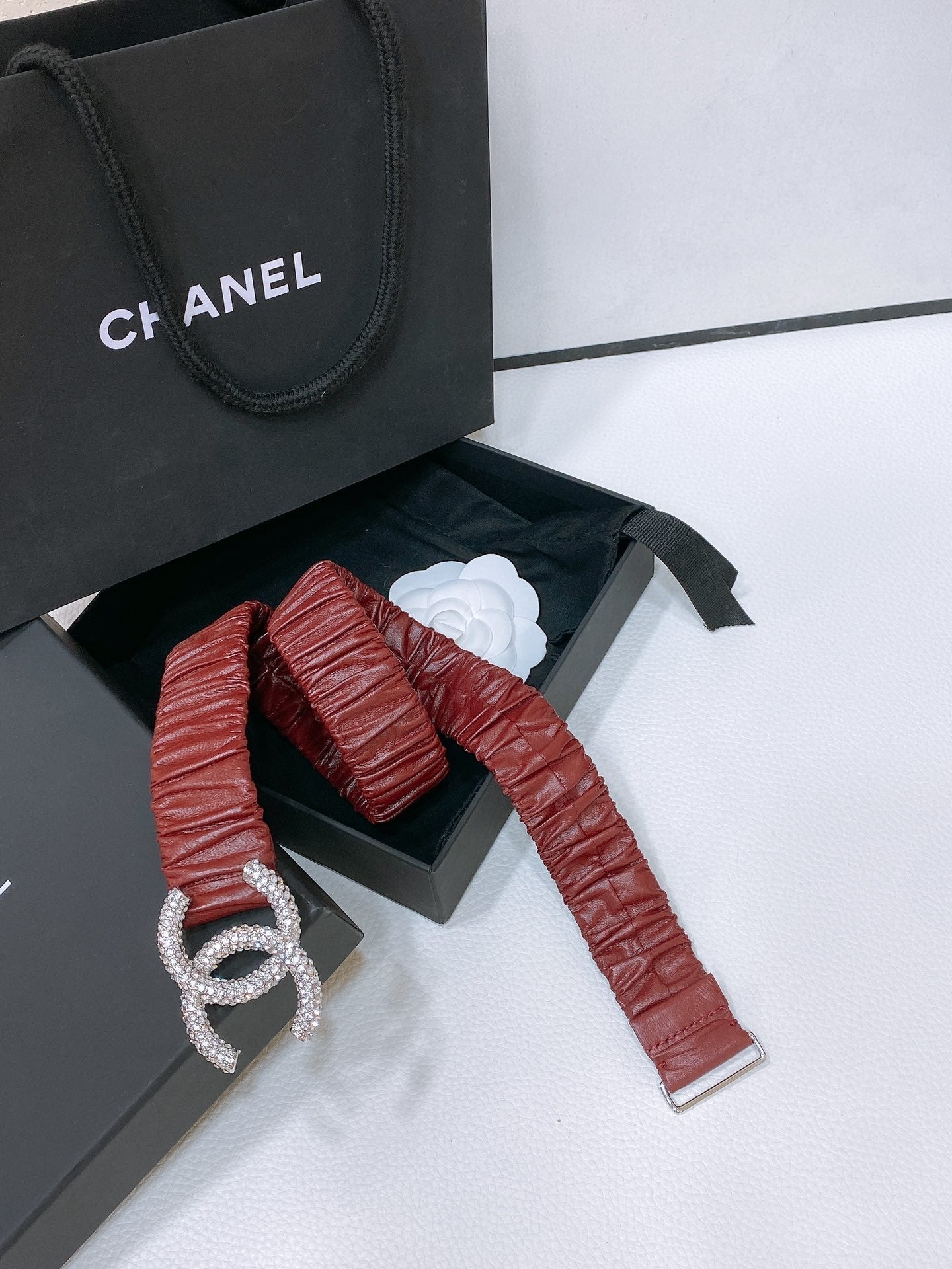 CC ELASTIC BELT 30MM IN WINE RED CALFSKIN SILVER HARDWARE WITH RHINSTONES - 30