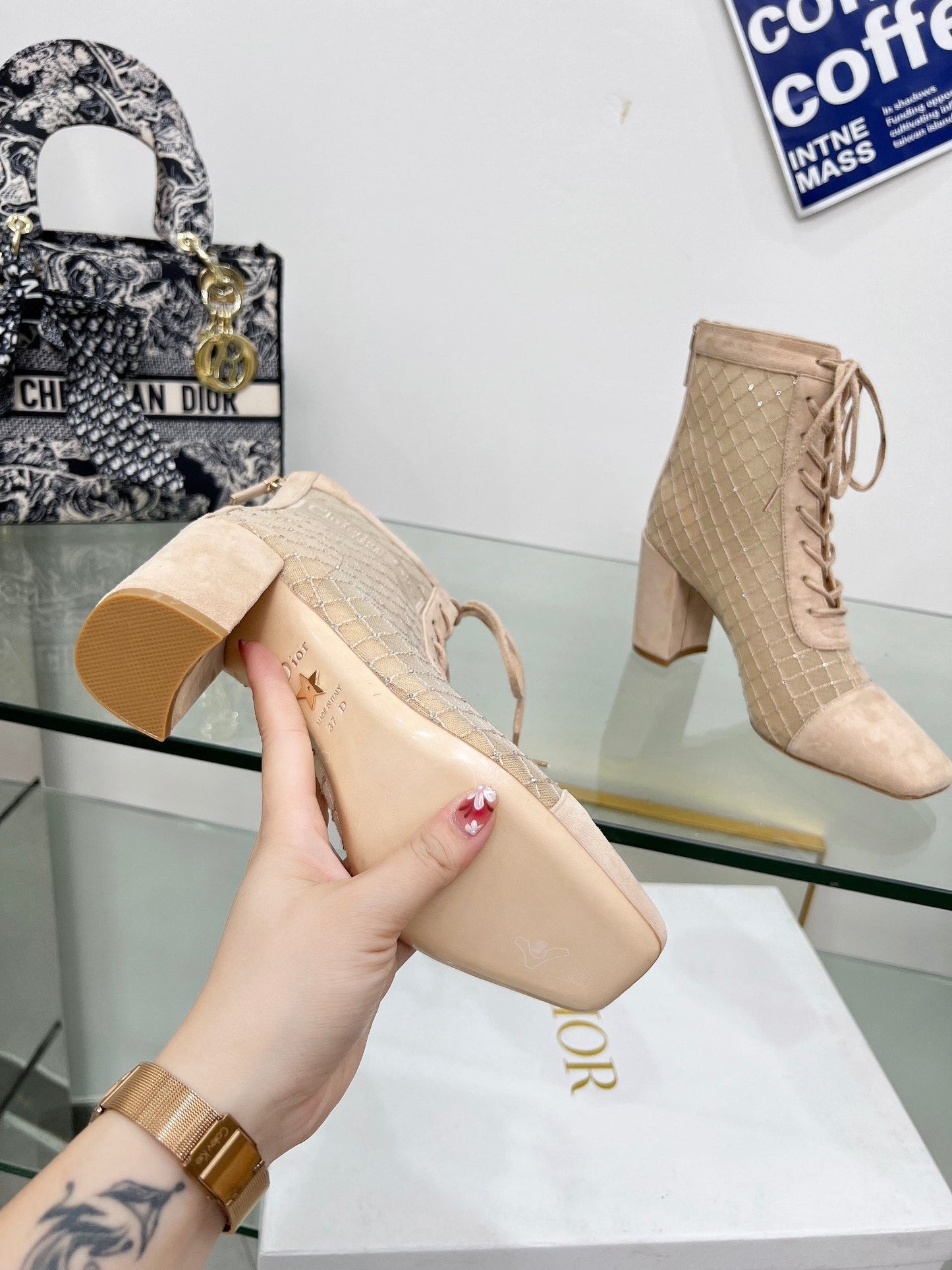 NAUGHTILY-D HEELED ANKLE BOOT IN BISQUE BEIGE EMBROIDERED MESH AND SUEDE 8 CM - 34