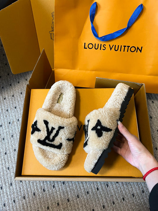 SLIPPER IN CAMEL BEIGE MIX BLACK FLEECE - 35