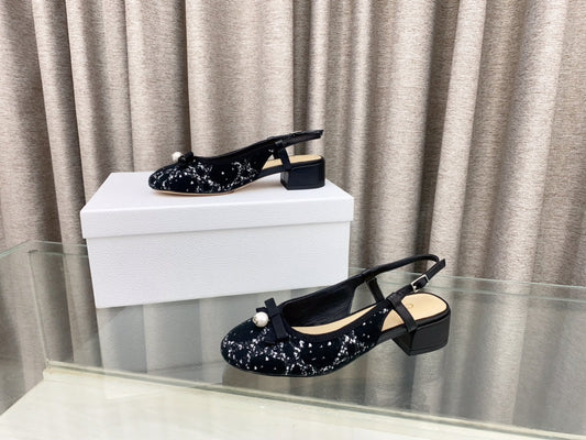 PEARL MARY JANE SLINGBACKS IN BLACK MIX WHITE TWEED 30 MM - 35