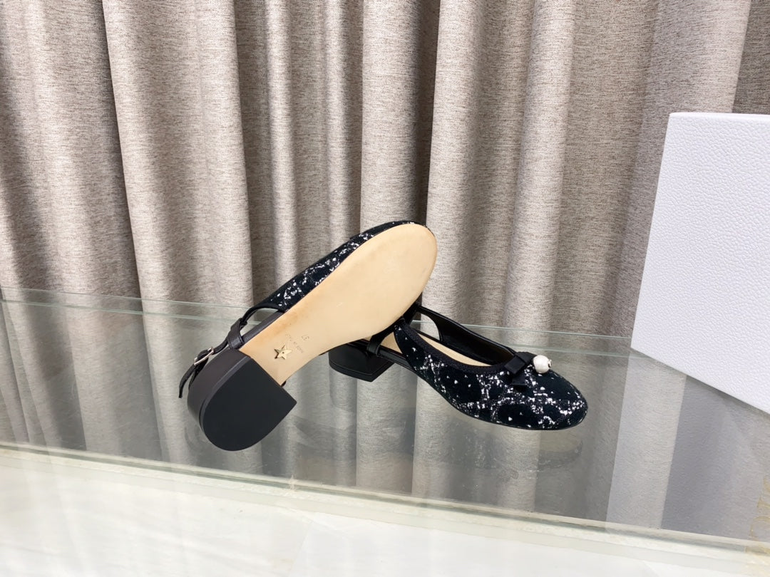 PEARL MARY JANE SLINGBACKS IN BLACK MIX WHITE TWEED 30 MM - 35