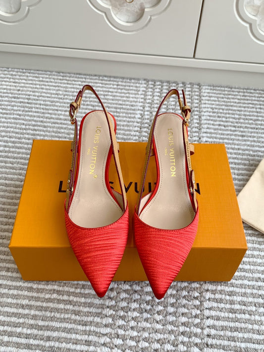 BLOSSOM SLINGBACKS 55 MM IN CHERRY RED IMPORTED STRIPED SILK SATIN - 35