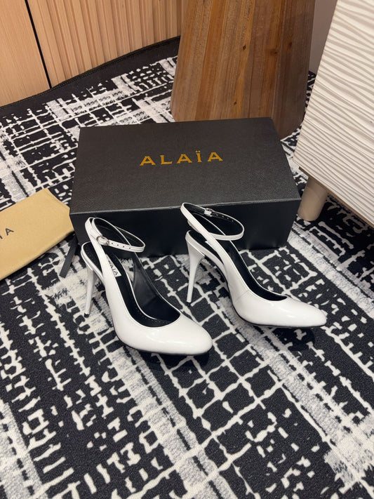 SLINGBACK HEEL 10 CM IN WHITE PATENT CALFSKIN - 35