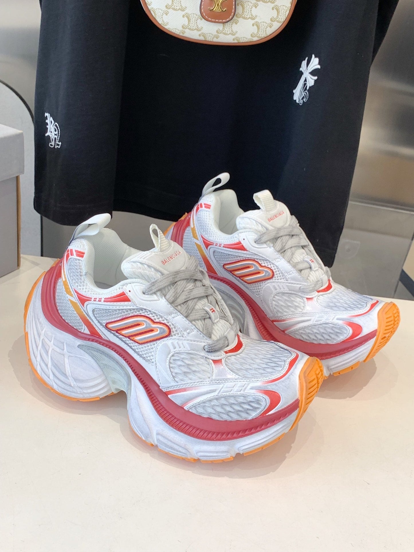 DAD SHOES IN RED ORANGE AND DUST WHITE MESH AND CALFSKIN - 35
