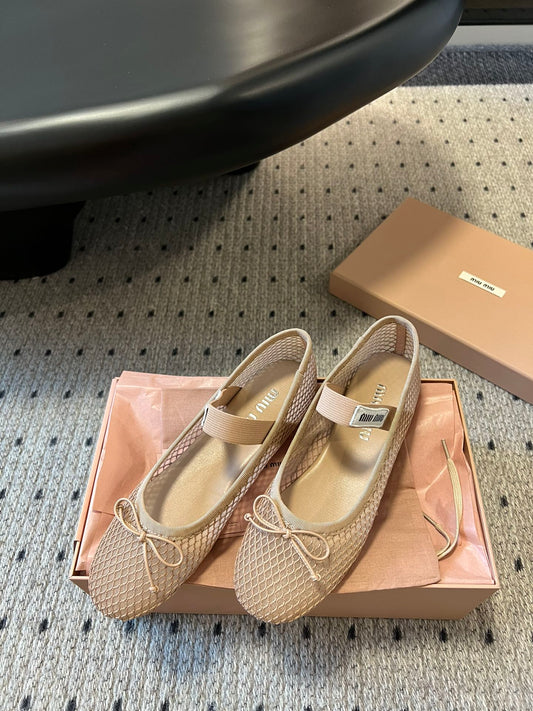MIUMIU 26S BALLERINAS IN BEIGE MESH FABRIC WITH BOW