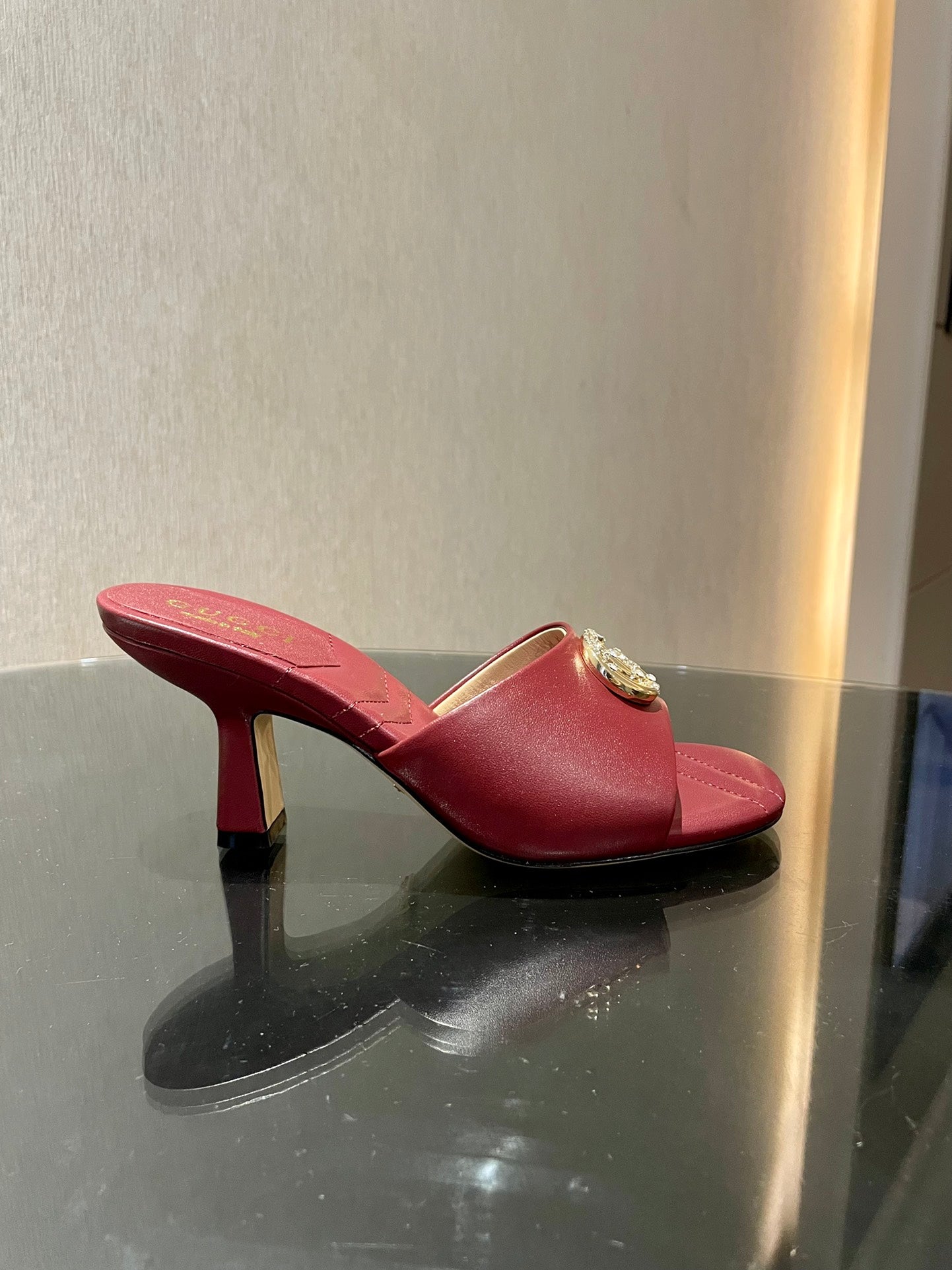 GG HIGH HEELS 70 IN RED LAMBSKIN GOLD HARDWARE WITH CRYSTALS - 35