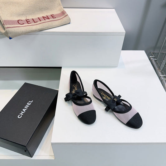 CHANEL FLAT MARY JANE SHOES 25S IN LIGHT PURPLE MIX BLACK MESH FABRIC EMBOSSED LOGO WITH BOW - 35