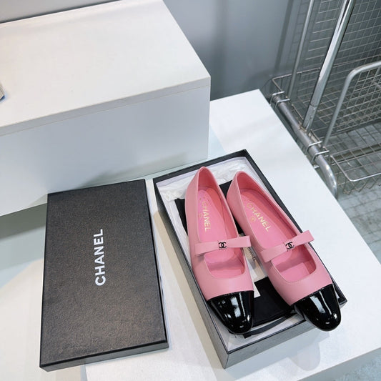 CHANEL FLAT MARY JANE SHOES 25S IN PINK LAMBSKIN MIX BLACK GLOSSY WITH BOW - 35
