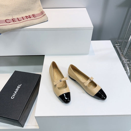 CHANEL FLAT MARY JANE SHOES 25S IN BEIGE LAMBSKIN MIX BLACK GLOSSY WITH BOW - 35