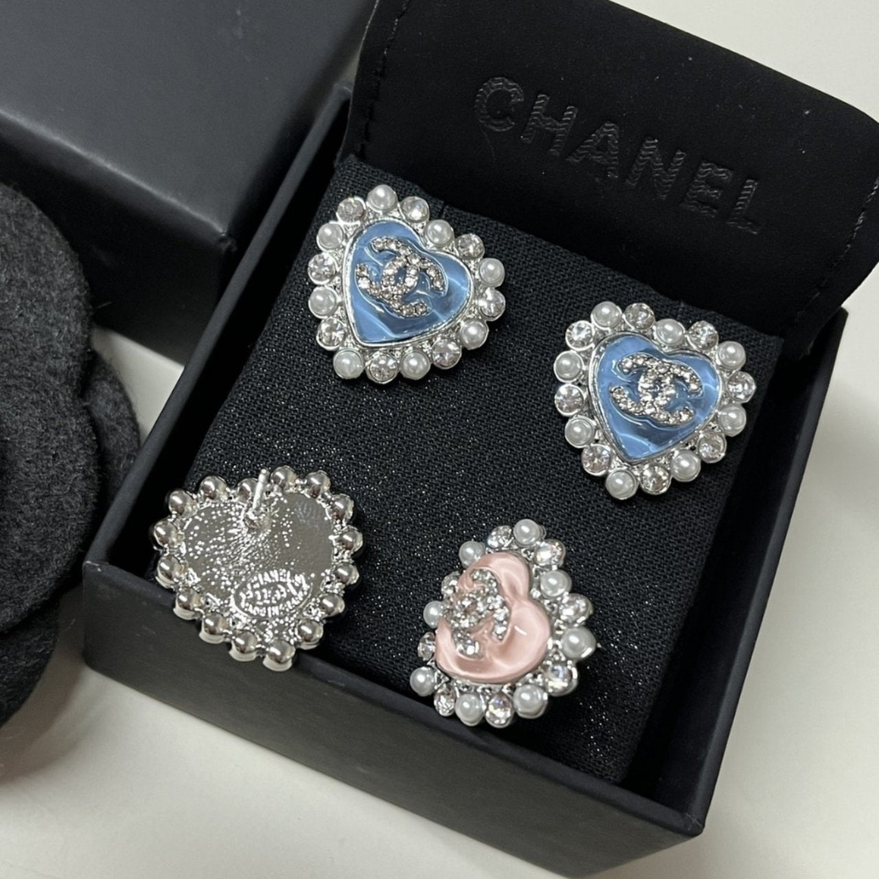 Chanel Heart Motif And Crystal Earrings Blue