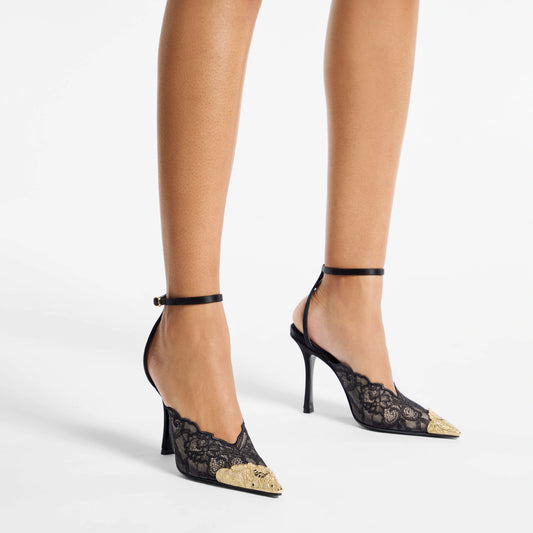 JIMMY CHOO BLACK LACE HEELS WITH GOLD TOE