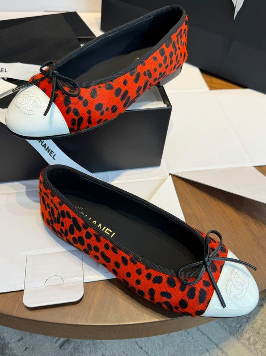 Chanel Red Leopard Print Pony Hair Ballet Flats with White Leather Cap Toe