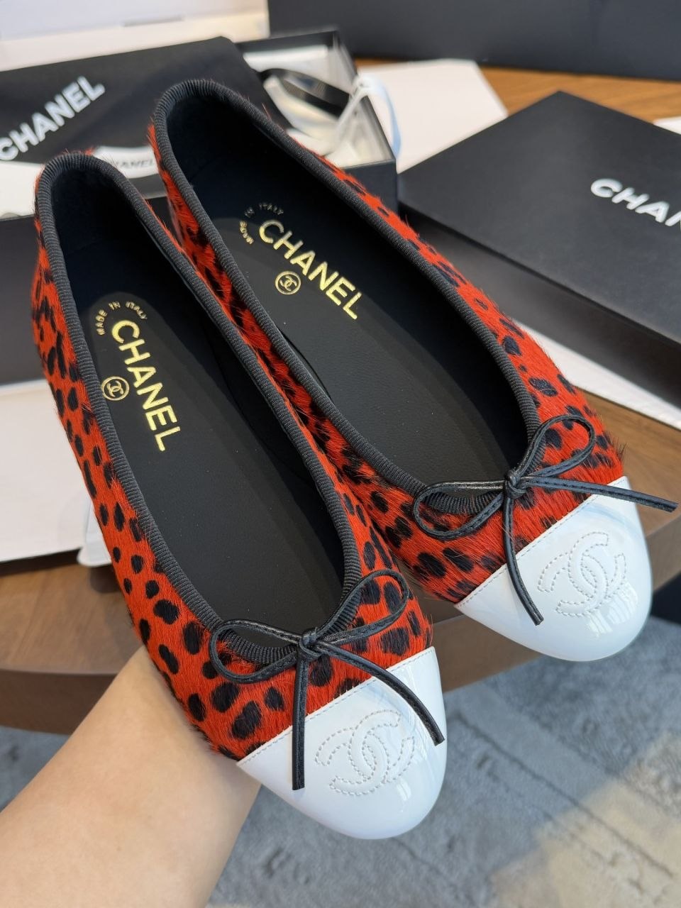 Chanel Red Leopard Print Pony Hair Ballet Flats with White Leather Cap Toe