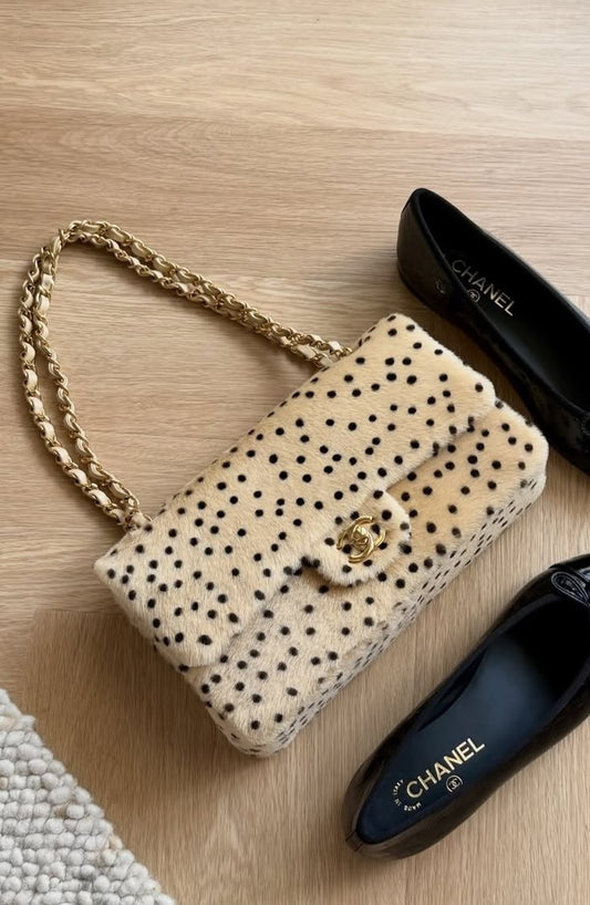 Chanel White Polka Dot Tweed Flap Shoulder Bag with Pearl Chain Handle