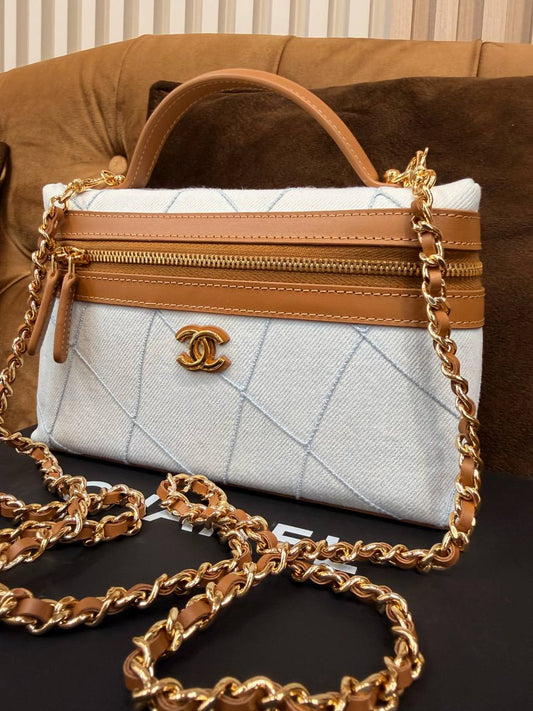 Chanel Light Blue Denim Vanity Top Handle Bag with Tan Leather Trim & Gold Hardware