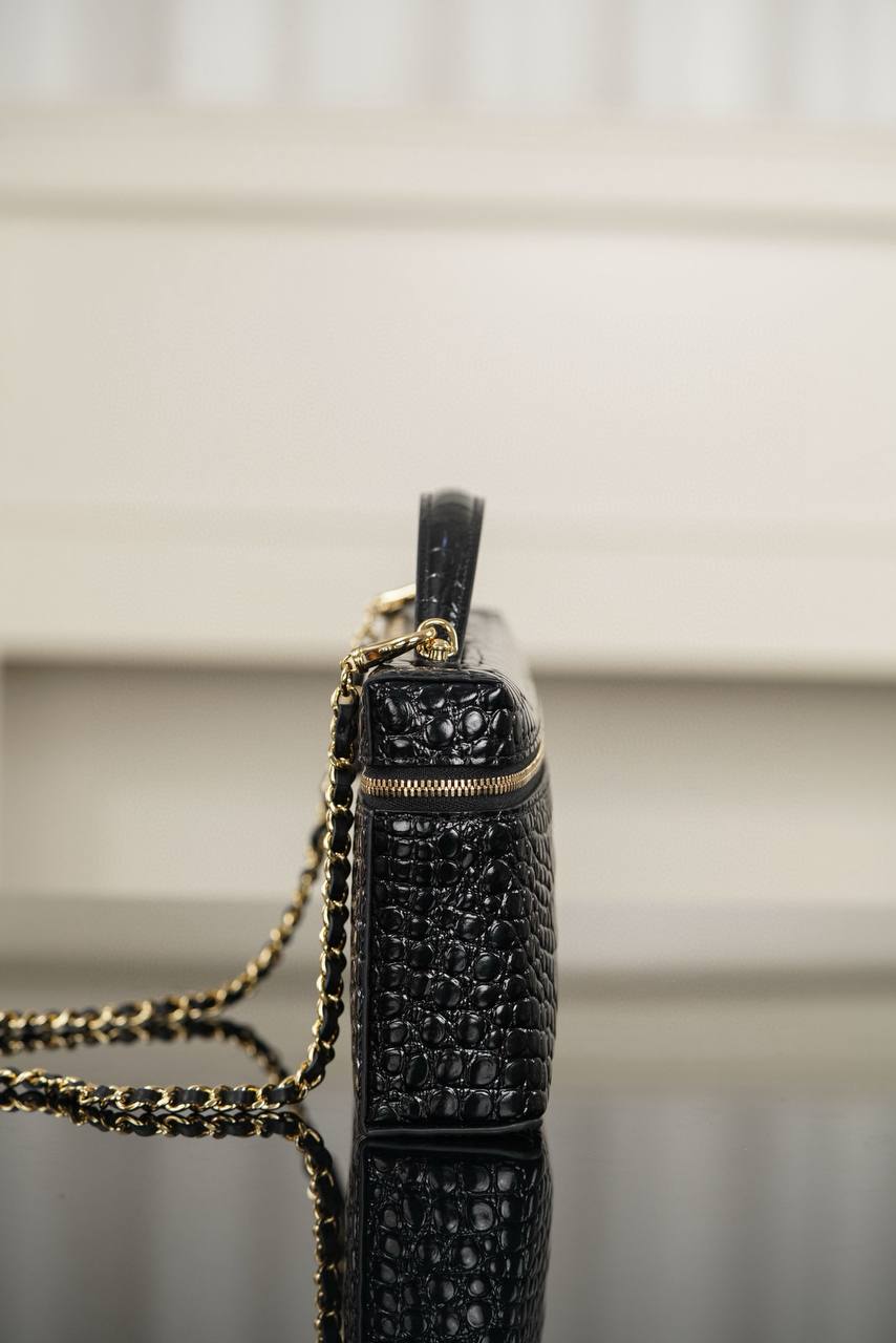 Chanel Black Crocodile-Embossed Leather Vanity Case with Top Handle & Gold Chain