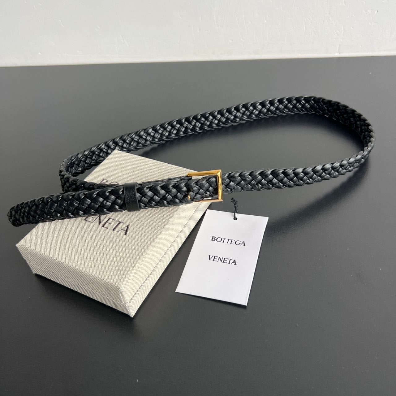 Bottega Veneta Intrecciato Black Woven Leather Belt with Gold Buckle
