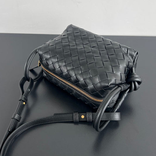 Bottega Veneta Intrecciato Black Woven Leather Shoulder Bag with Knot Handles