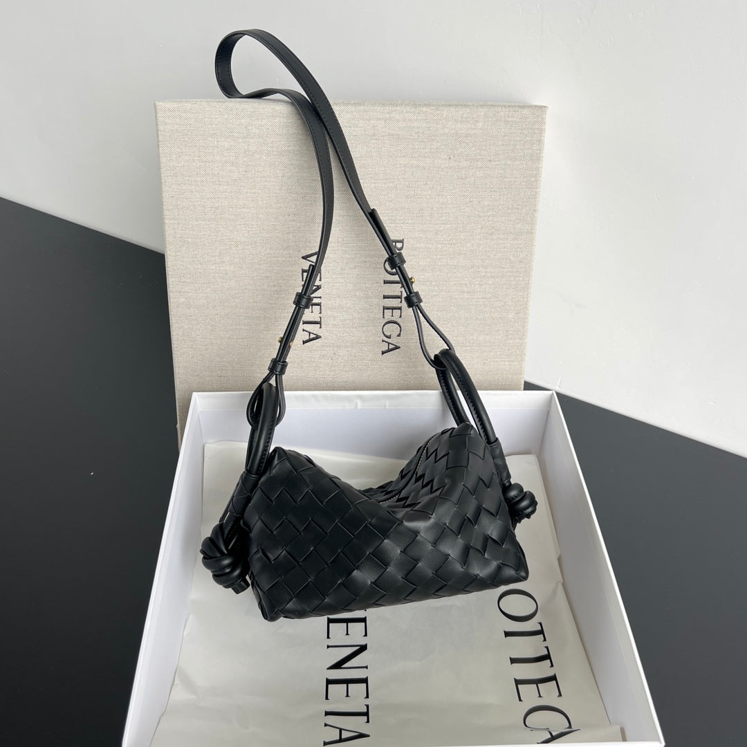 Bottega Veneta Intrecciato Black Woven Leather Shoulder Bag with Knot Handles