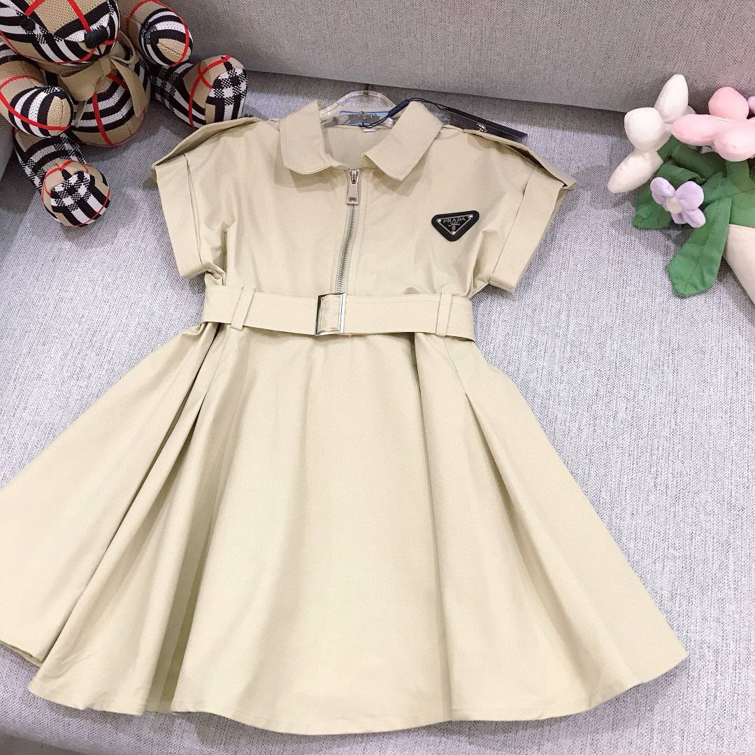 Prada Girls Beige Belted Shirt Dress with Logo Plaque