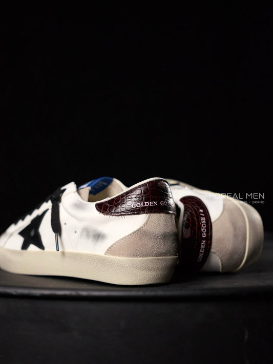 Golden Goose Super-Star White Leather Sneakers with Black Star & Croc Heel Tab