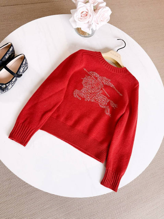 Burberry Girls Red Knit Sweater & Plaid Tulle Skirt Set with Crystal Equestrian Knight Logo