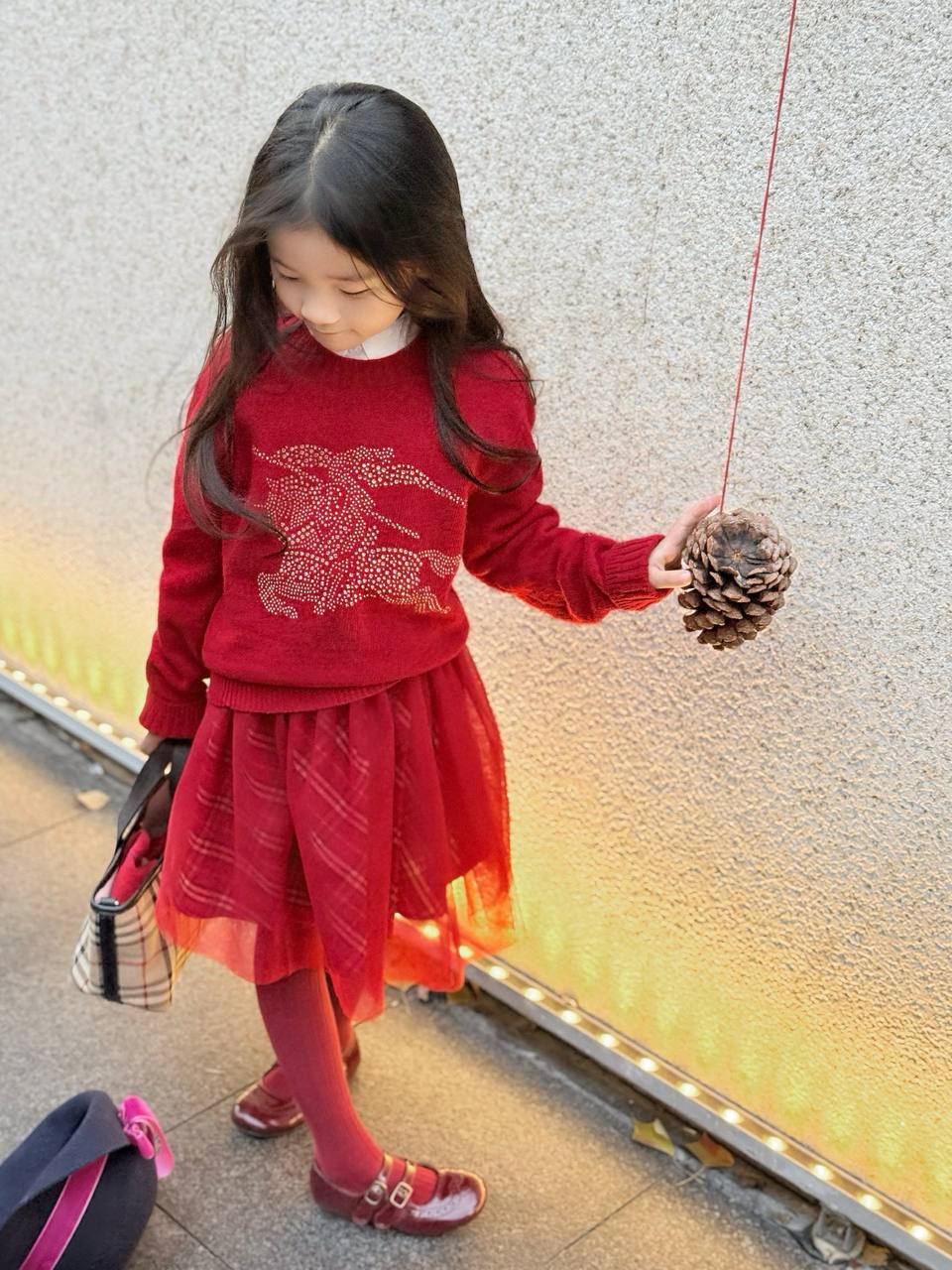 Burberry Girls Red Knit Sweater & Plaid Tulle Skirt Set with Crystal Equestrian Knight Logo