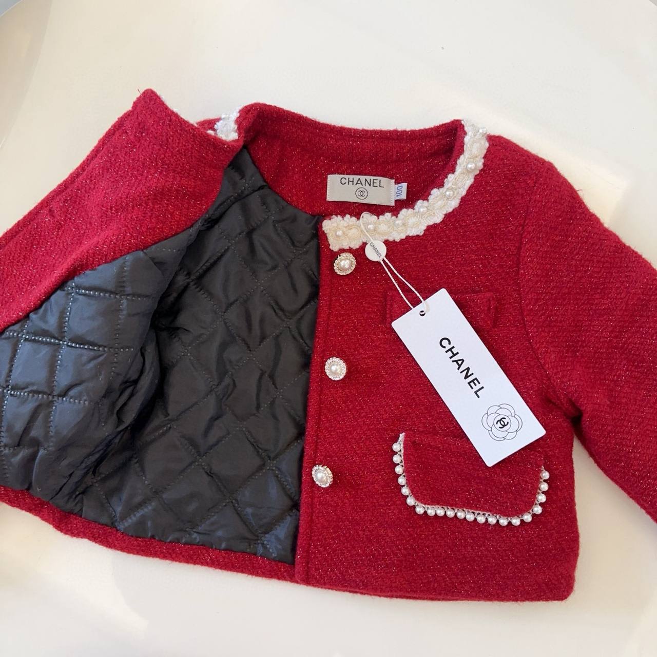Chanel Girls Red Tweed Jacket & Pleated Skirt Set with Pearl Trim