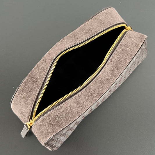 Bottega Veneta Intrecciato Brown Woven Leather Toiletry Case with Suede Trim
