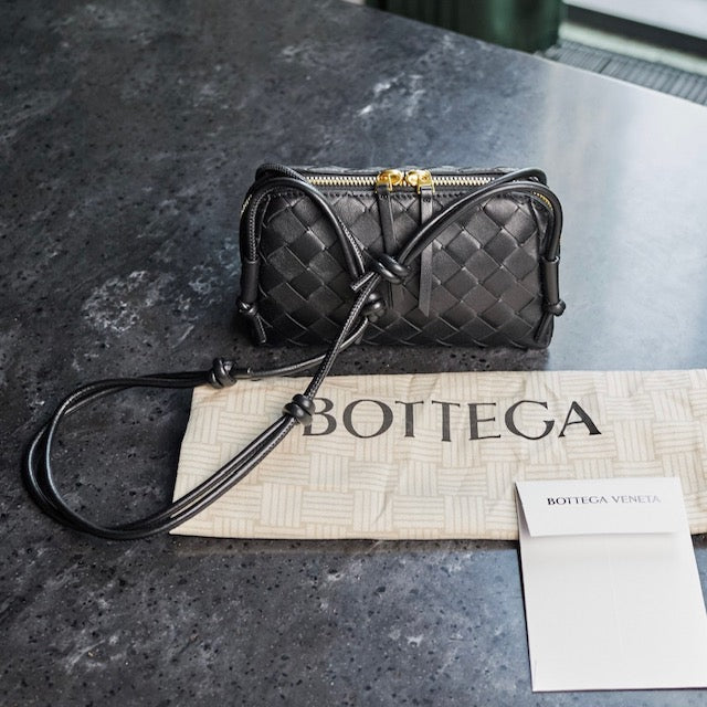 Bottega Veneta Intrecciato Black Woven Leather Crossbody Bag with Knot Strap