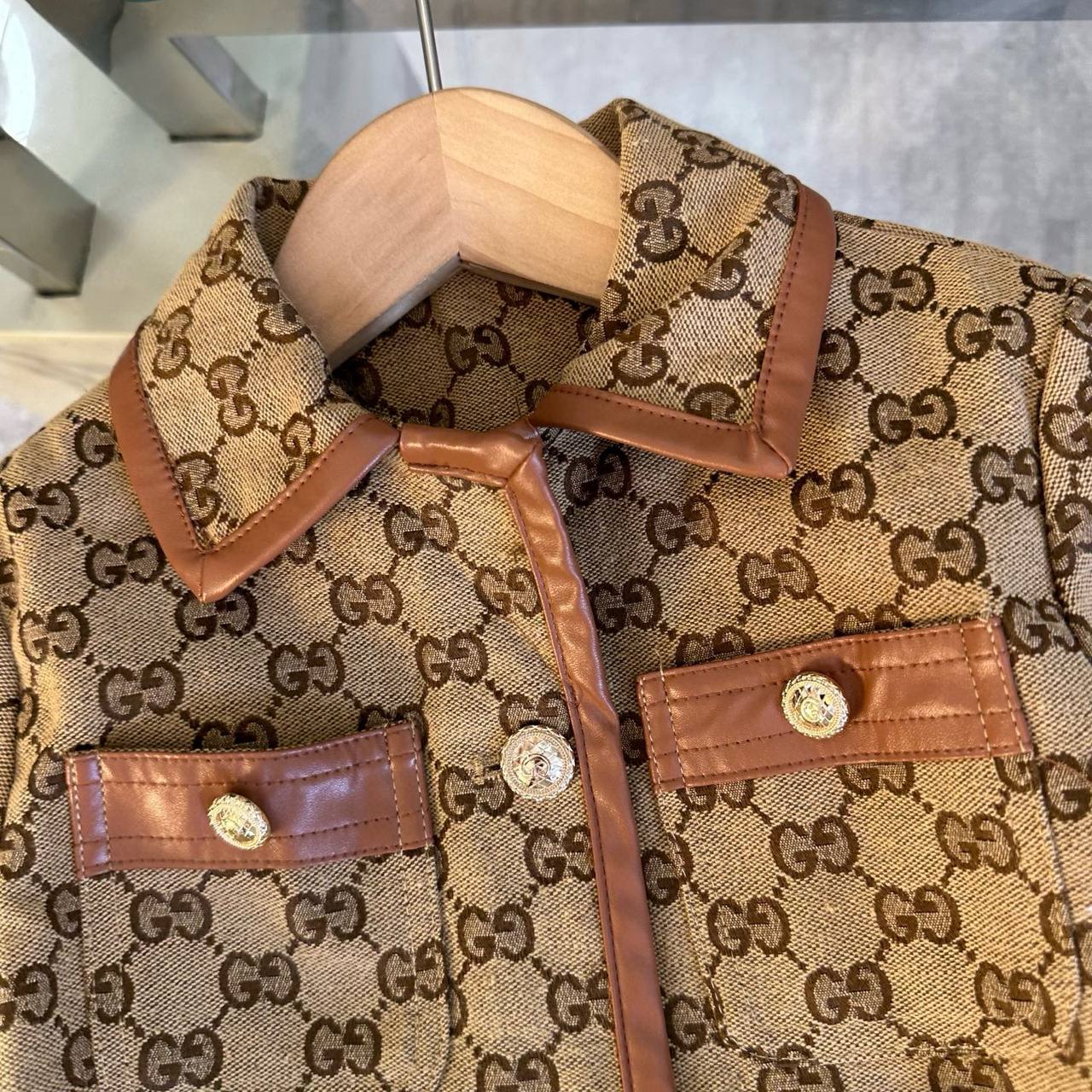 Gucci Kids GG Supreme Monogram Coat with Leather Trim & Web Belt Detail