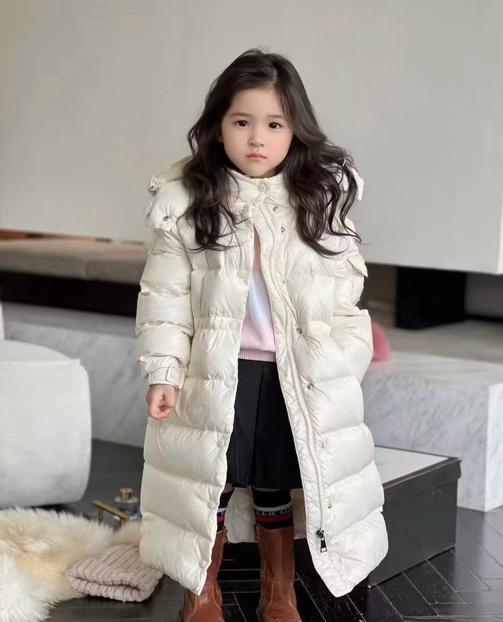 Moncler Kids White Hooded Long Down Puffer Coat with Snap Button Closure